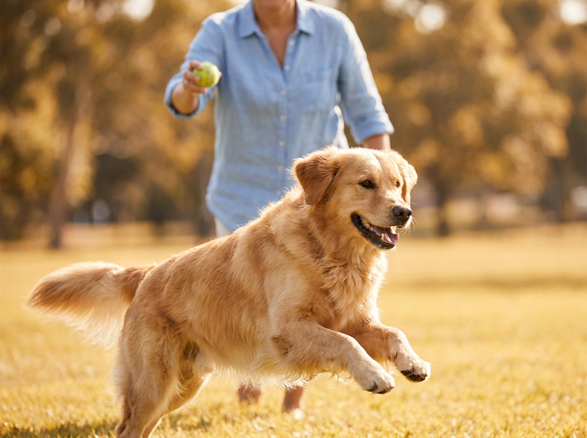 Ein Hund rennt fröhlich über eine sonnige Wiese, während seine Besitzerin ihm einen Ball zuwirft