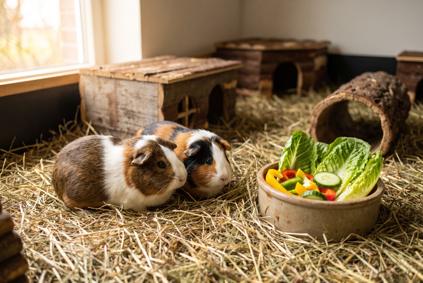 Zwei Meerschweinchen in einem großen Bodengehege mit viel Heu, frischem Gemüse und Häuschen aus Holz