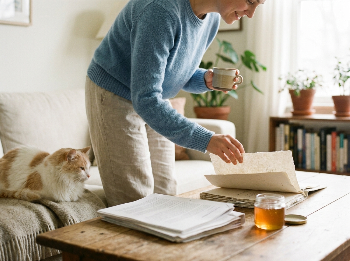 Katzenhalterin prüft entspannt ihre Versicherungsunterlagen, die Katze liegt daneben